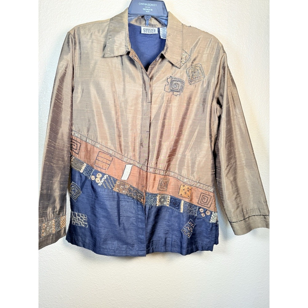 Chicos Design 100% Silk Embroidered Jacket Womens Size 1 Boho Art To‎ Wear